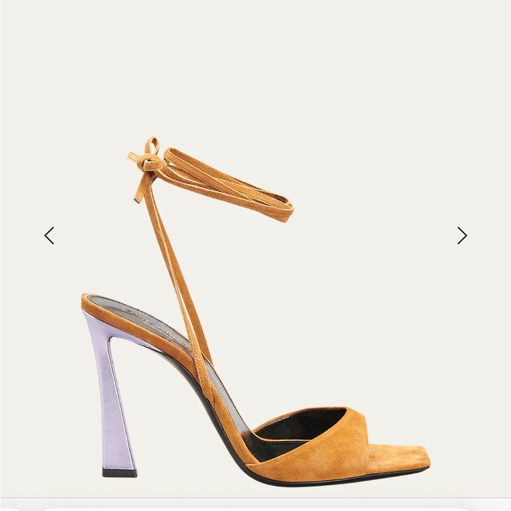 Saint Laurent Vitti Brown Suede Ankle Wrap Sandals Sz 38 Purple Metallic Heel